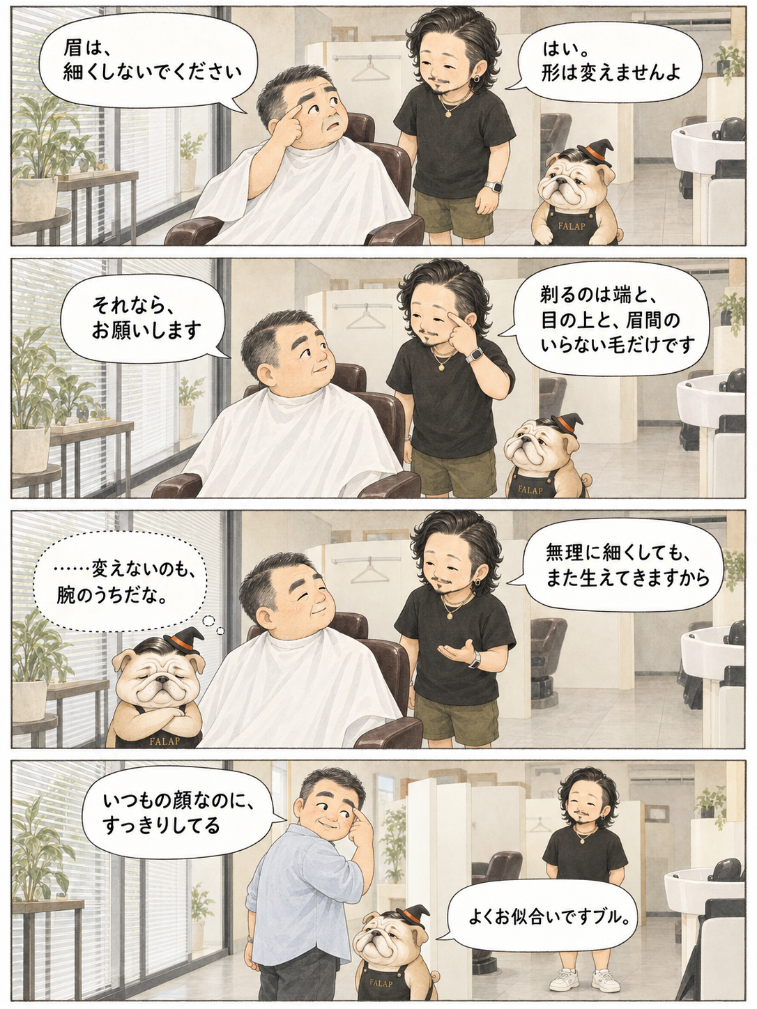 眉を細くしたくないお客さんとタクロー、魔女帽子のファラブルの会話。創作4コマ