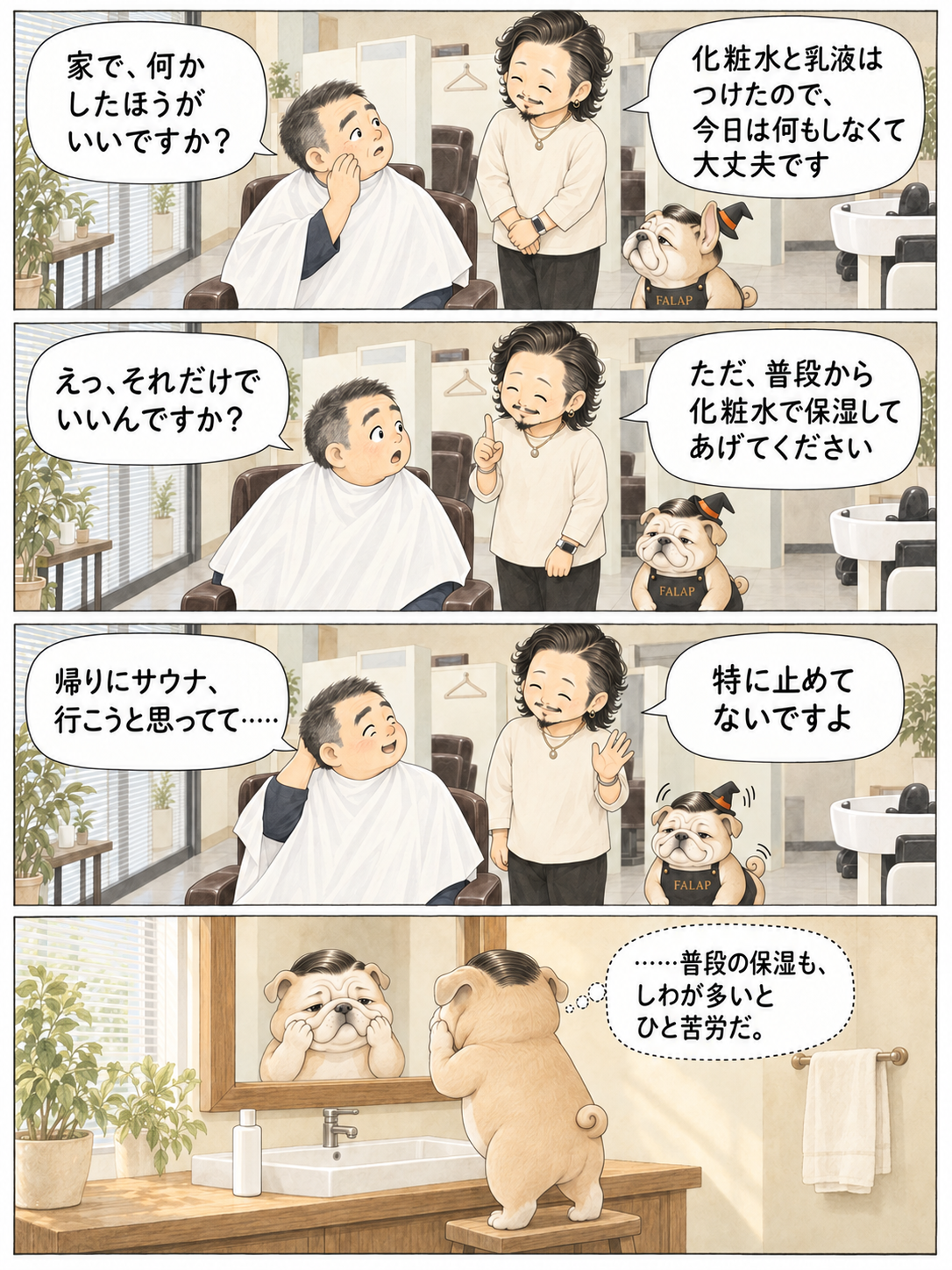 顔そりを終えたお客さんが家でのケアをたずね、タクローがその日は何もしなくて大丈夫と答える。別の日の朝、ファラブルが自宅の洗面所でしわの多い頬に化粧水をなじませる。創作4コマ