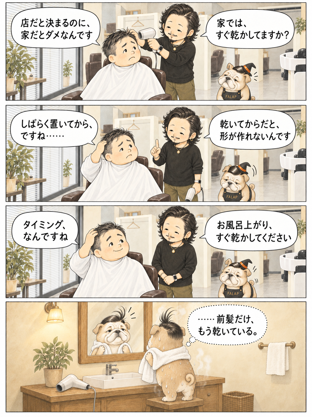 シャンプーのあとすぐ髪を乾かしてもらいながら、お客さんが家だと決まらないと打ち明け、タクローが乾いてからだと形が作れない、お風呂上がりすぐ乾かしてと答える。その夜、ファラブルが自宅の洗面所で体を拭くあいだに七三の前髪だけ先に乾いて跳ねる。創作4コマ