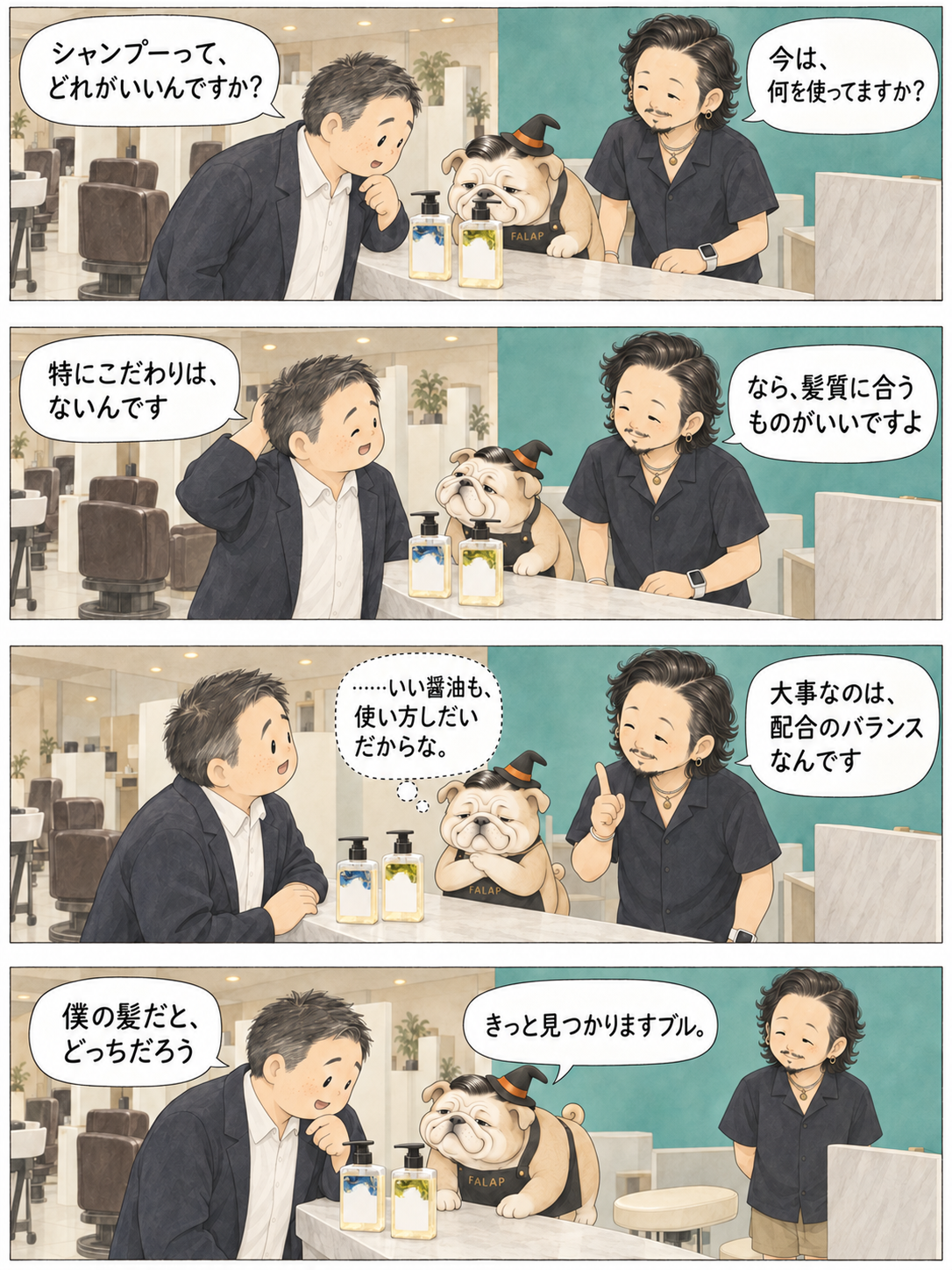 受付カウンターでシャンプーの選び方をたずねるお客さんに、タクローが今使っているものを聞き、魔女帽子のファラブルが2本のボトルを見比べる。創作4コマ