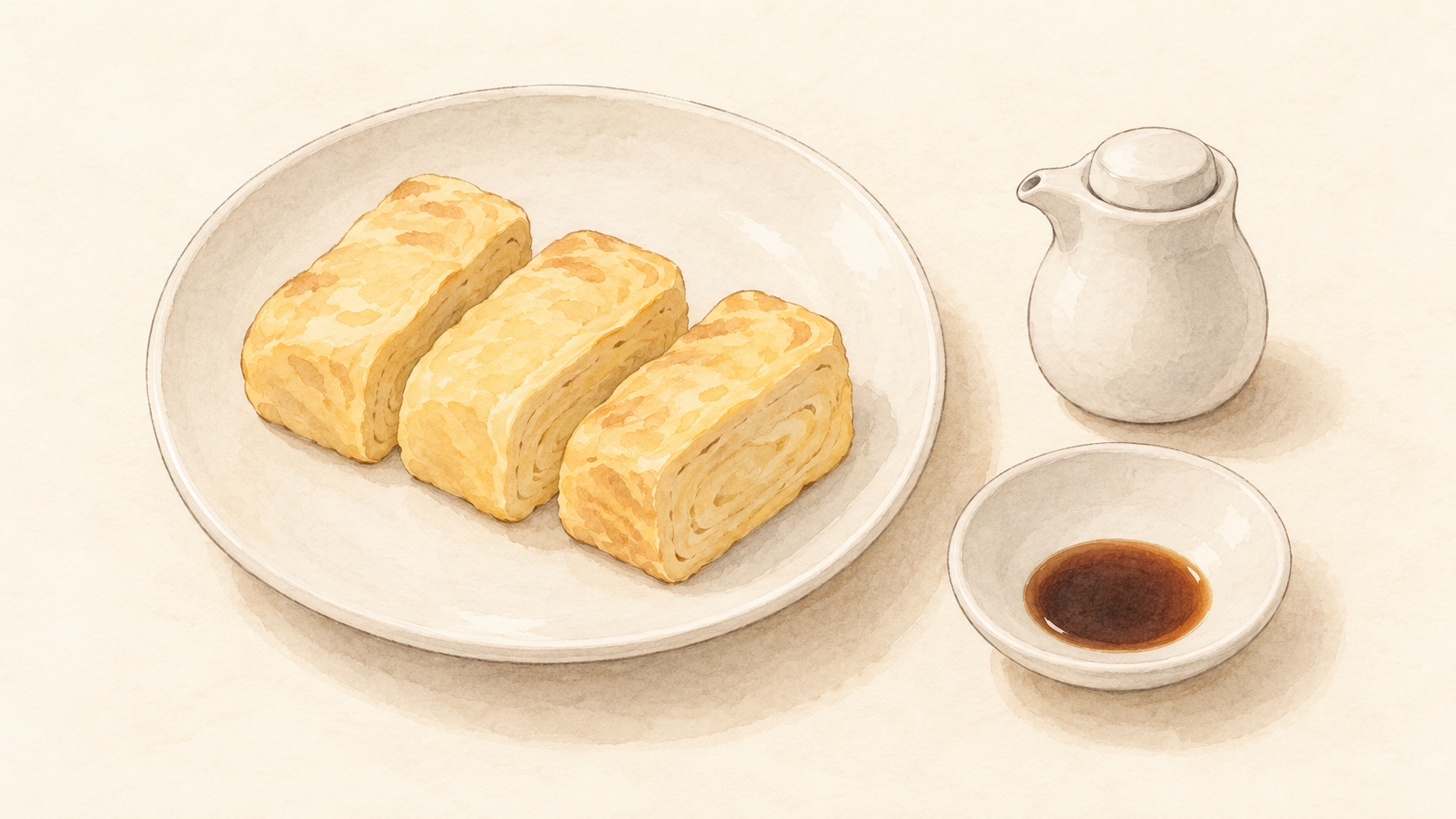 醤油の例えの挿絵。白い皿の卵焼きと、白い磁器の醤油差しと豆皿
